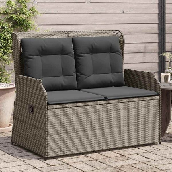 Verstellbare Gartenbank Poly-Rattan Grau mit Kissen - 34% Rabatt