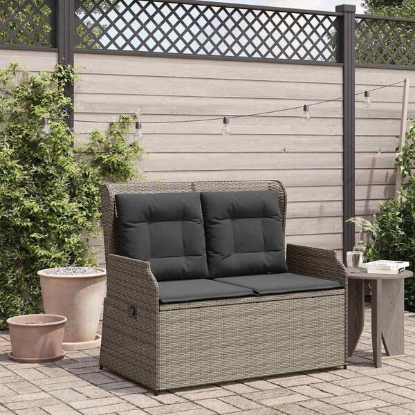 Verstellbare Gartenbank Poly-Rattan Grau mit Kissen - 34% Rabatt