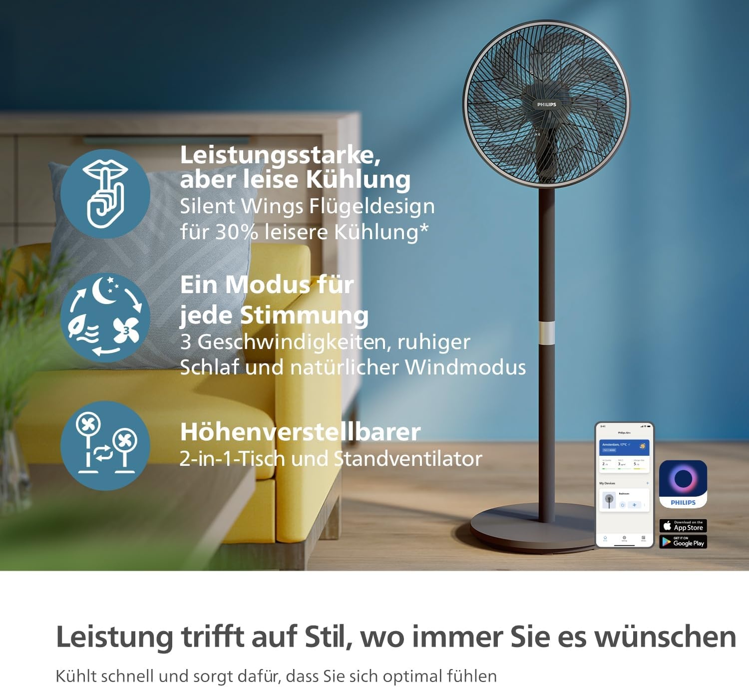 Standventilator 2-in-1, 19 dB, App-Steuerung, Schwarz - 34% Rabatt