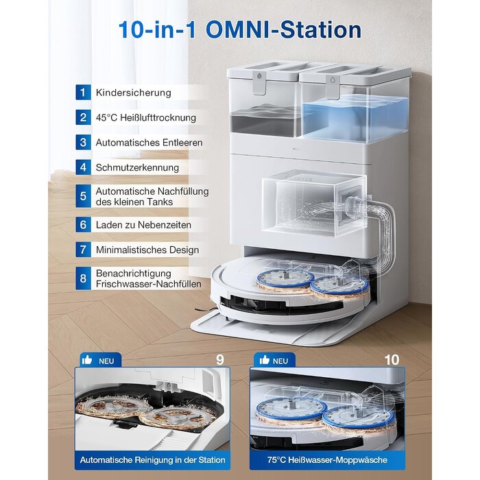 Saug- und Wischroboter OMNI-Station 25.000 Pa, 81 mm flach - 35% Rabatt