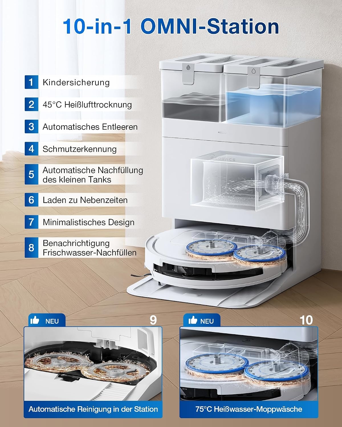 Saug- und Wischroboter OMNI-Station 25.000 Pa, 81 mm flach - 35% Rabatt