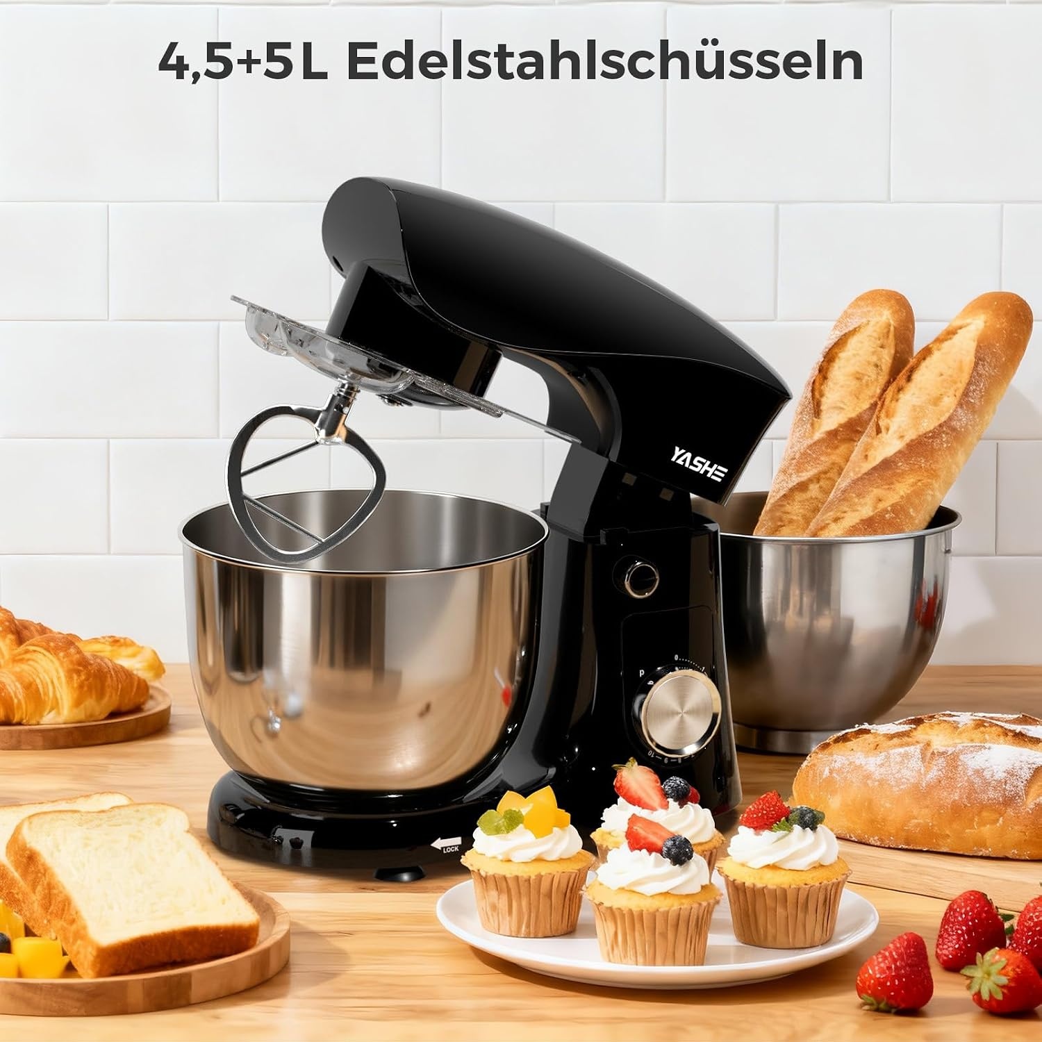 Küchenmaschine 1500W mit 2 Schüsseln, 10 Stufen - 34% Rabatt