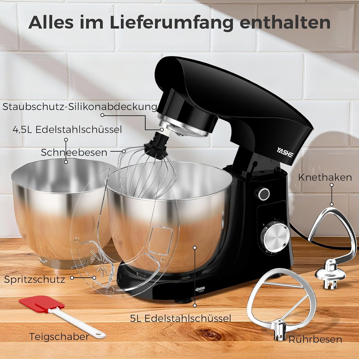 Küchenmaschine 1500W mit 2 Schüsseln, 10 Stufen - 34% Rabatt