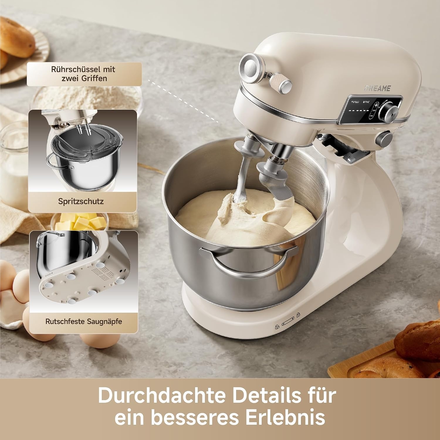 Küchenmaschine 800W, 6L Schüssel, Porzellanfarben - 35% Rabatt