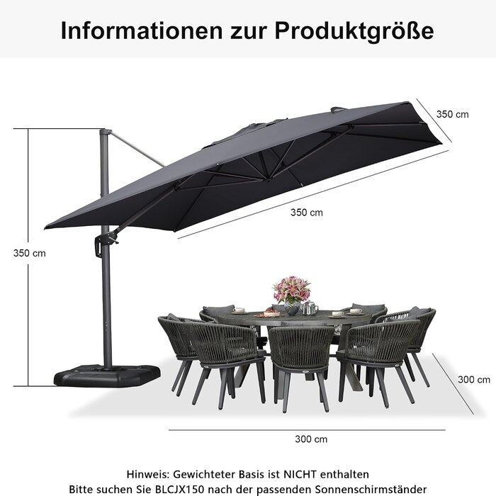 Luxus Ampelschirm 350x350 cm - 360° drehbar - Grau - 35% Rabatt