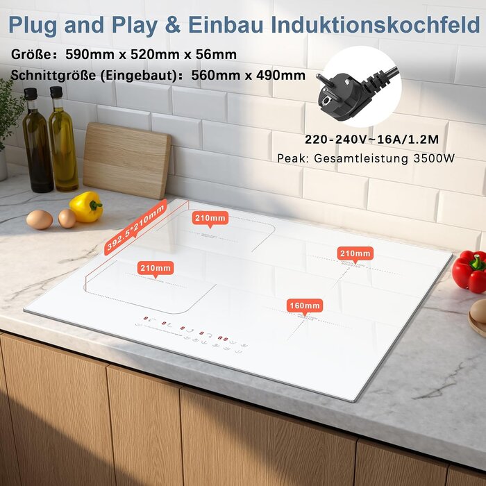 Autarkes Induktionskochfeld 60cm, 4 Zonen, Weiß - 34% Rabatt