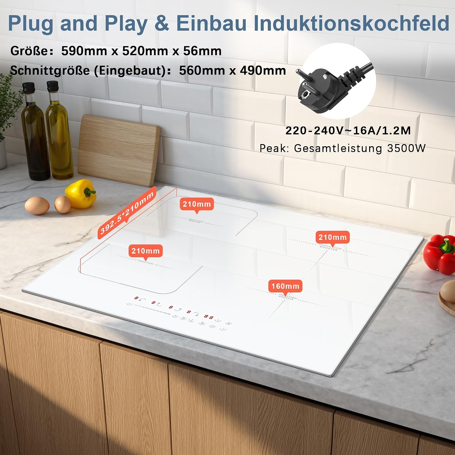 Autarkes Induktionskochfeld 60cm, 4 Zonen, Weiß - 34% Rabatt