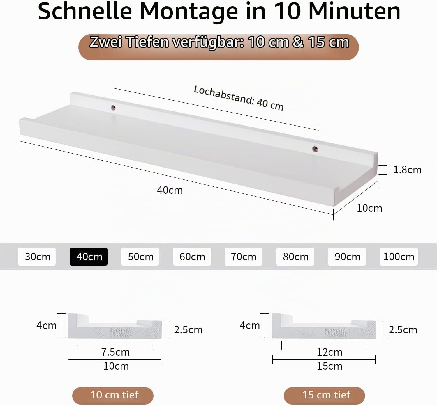 Wandregal aus massiver Eiche 40 cm, 2er-Set Weiß - 79% Rabatt