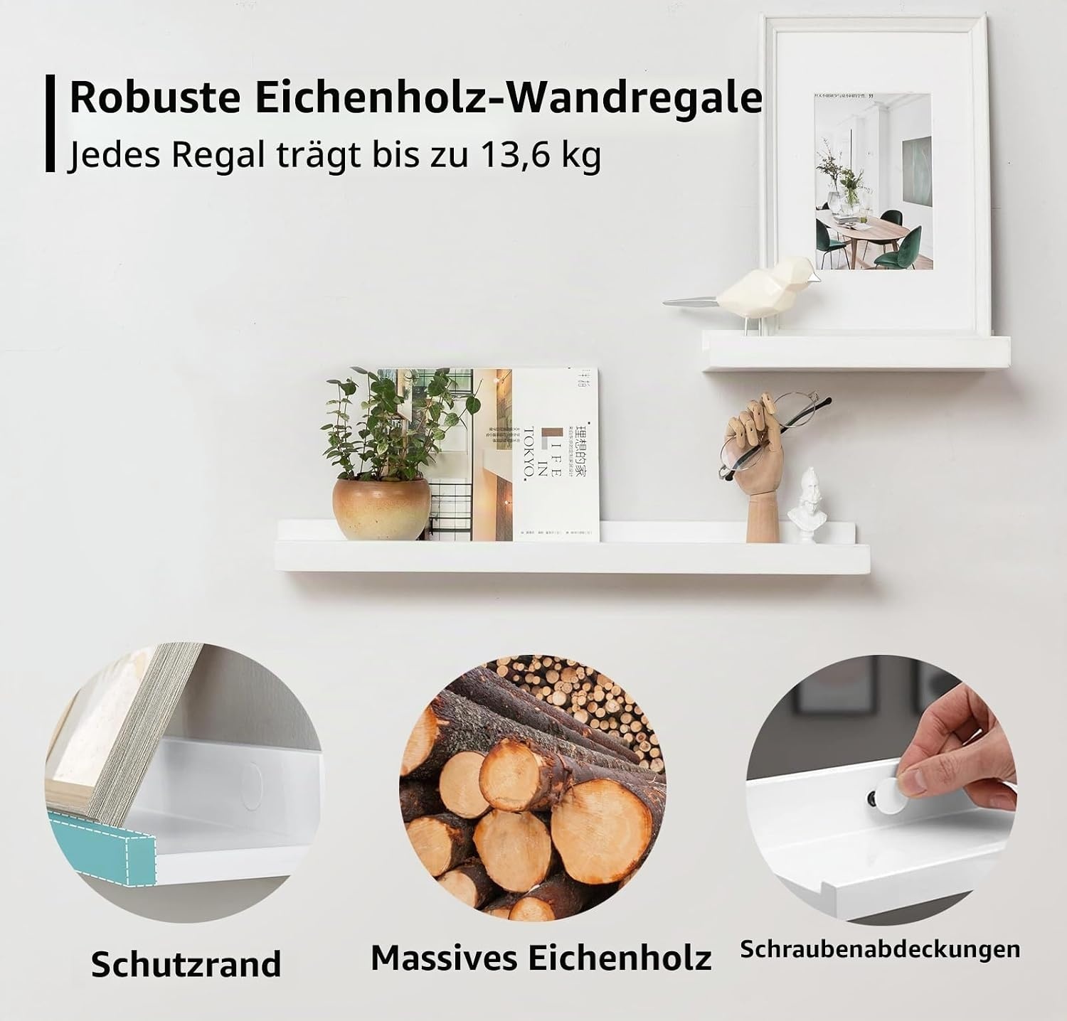 Wandregal aus massiver Eiche 40 cm, 2er-Set Weiß - 79% Rabatt