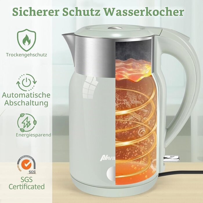 Elektrischer Wasserkocher 1,8L, 2200W, Edelstahl, Grün - 30% Rabatt