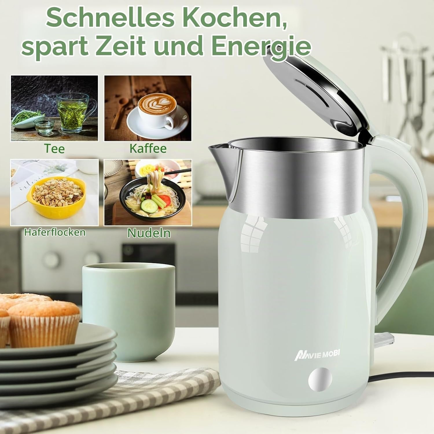 Elektrischer Wasserkocher 1,8L, 2200W, Edelstahl, Grün - 30% Rabatt