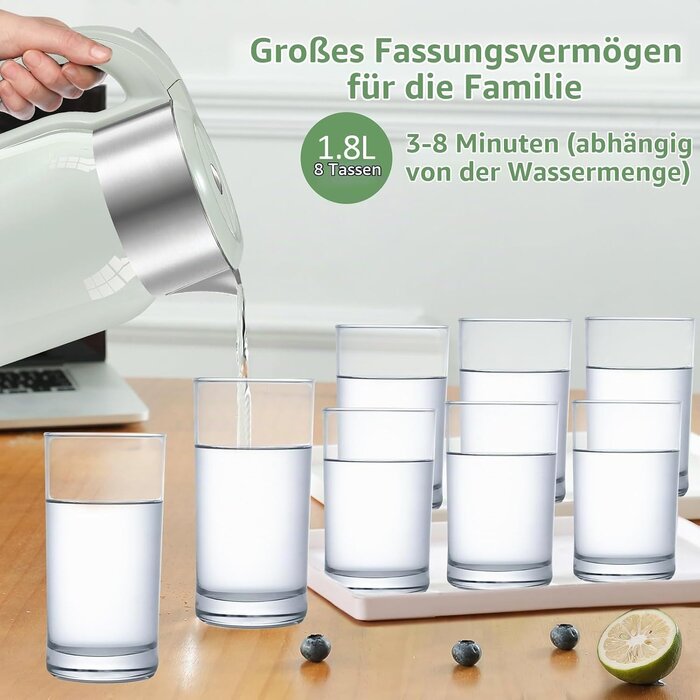 Elektrischer Wasserkocher 1,8L, 2200W, Edelstahl, Grün - 30% Rabatt