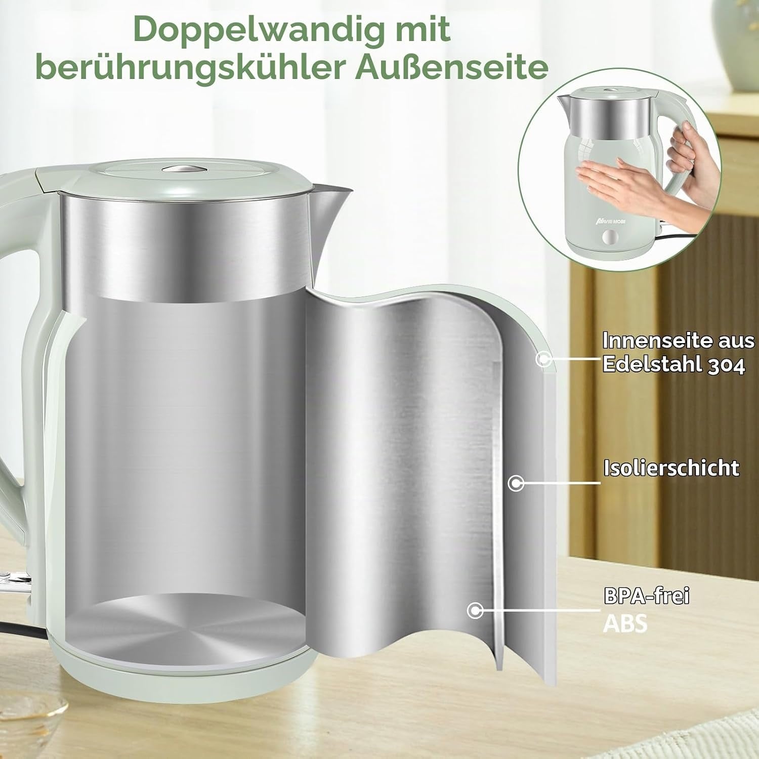 Elektrischer Wasserkocher 1,8L, 2200W, Edelstahl, Grün - 30% Rabatt