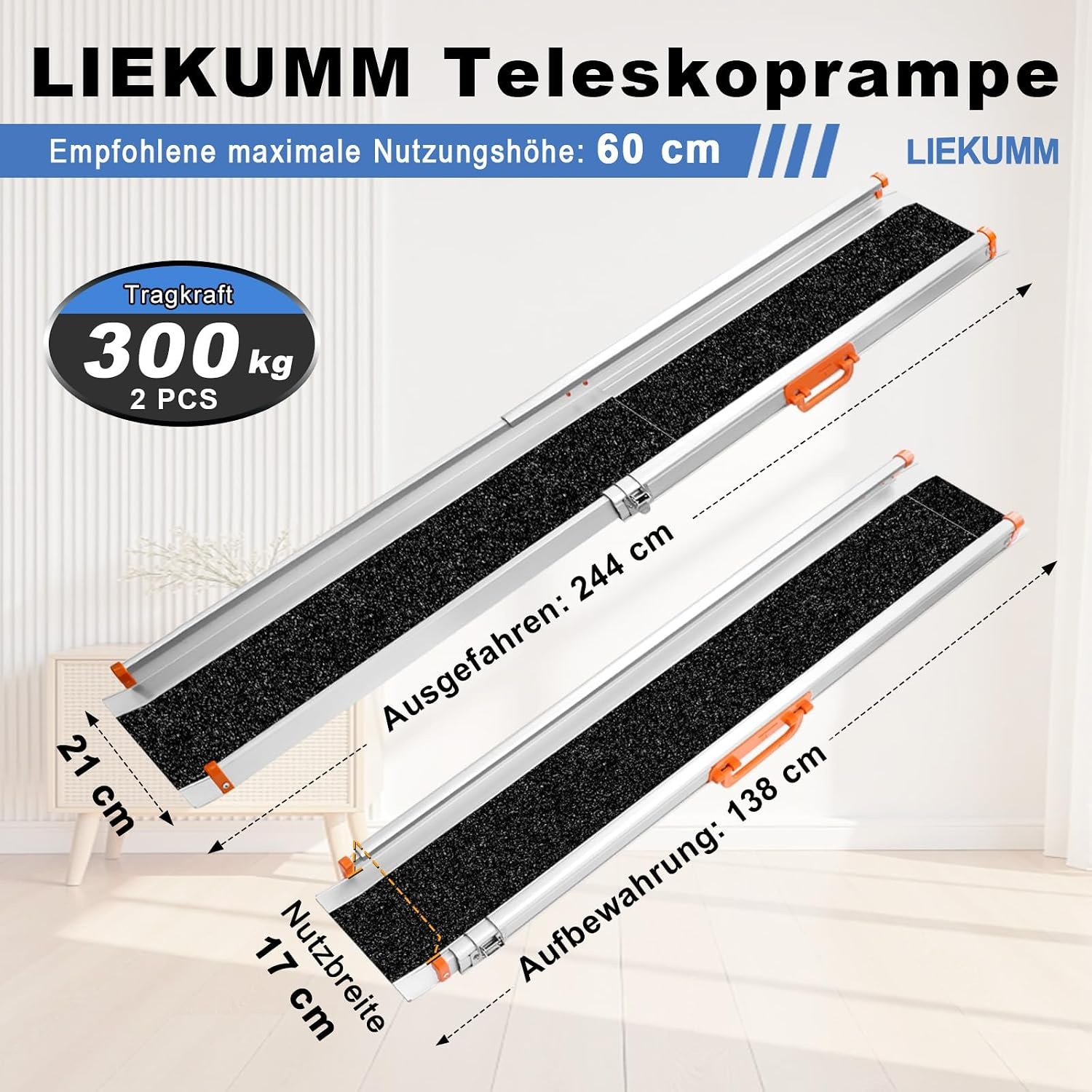 Teleskop-Auffahrrampe 244 cm, 300 kg Tragkraft - 30% Rabatt