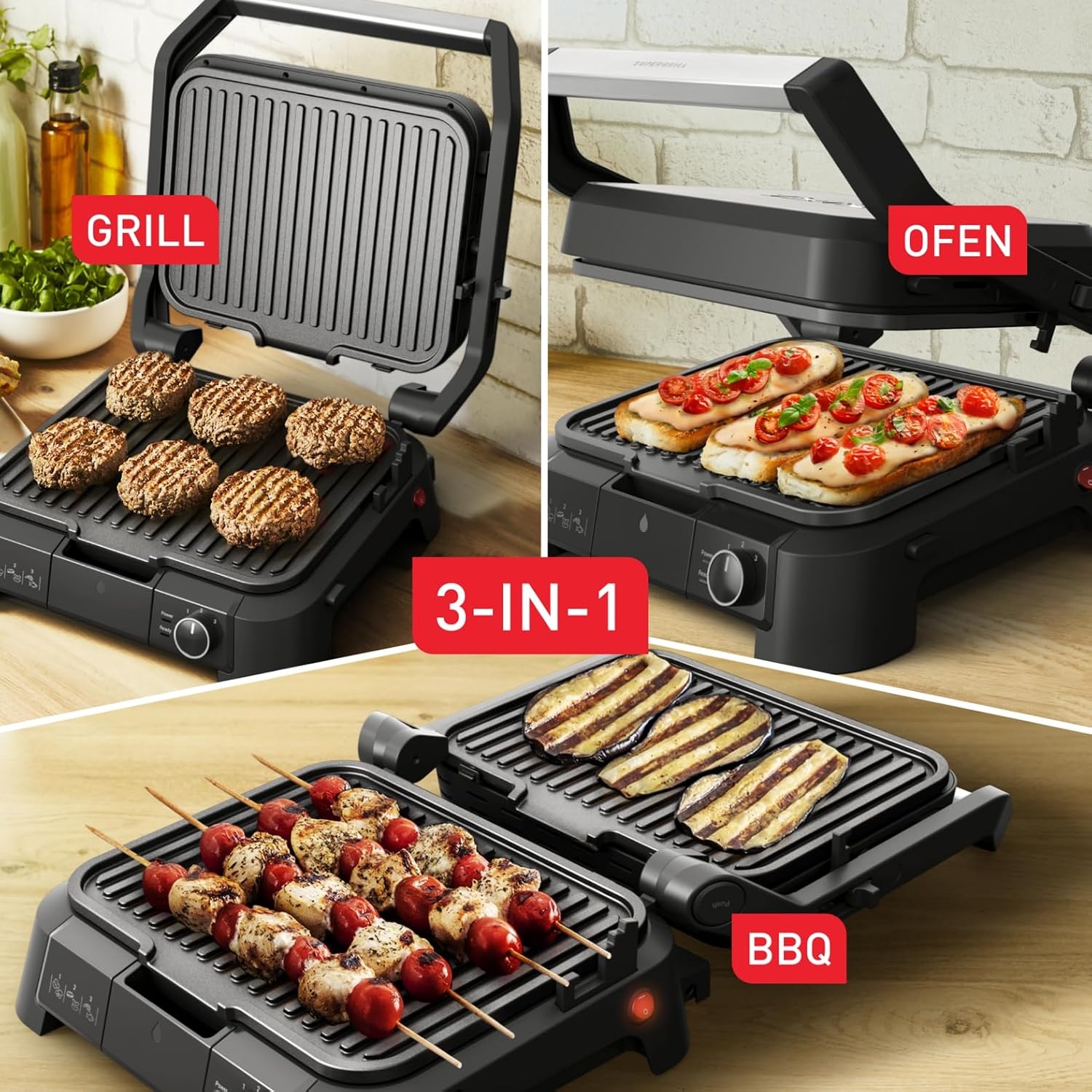 3-in-1 Kontaktgrill 2000W Edelstahl - 34% Rabatt auf ausgepacktes Gerät