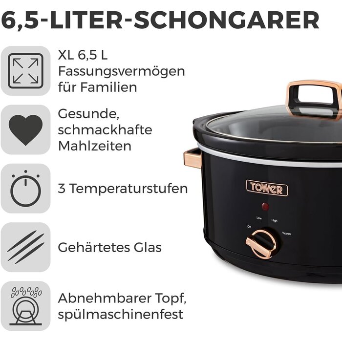 Slowcooker 6,5 Liter für 6 Portionen - Schwarz/Roségold - 33% Rabatt