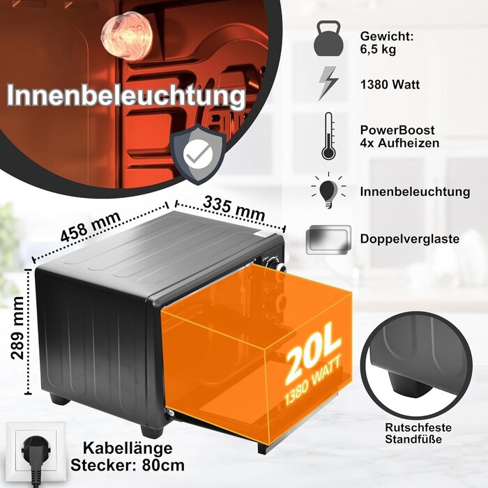 Mini-Backofen 20 L, 1380 W - Schwarz - 34% Rabatt - Outlet-Angebot