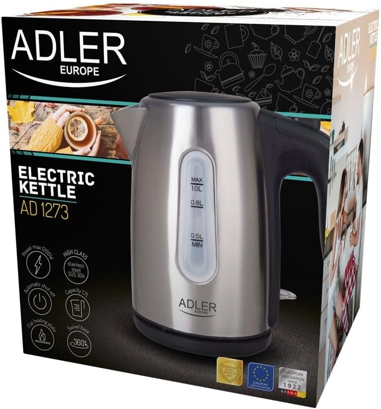 Kompakter Edelstahl Wasserkocher 1L, Chrome/Schwarz - 30% Rabatt