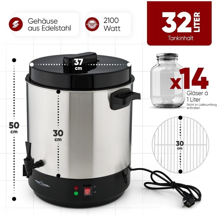 Einkochautomat 32L XL, Chrome-Schwarz, 2100W - 34% Rabatt