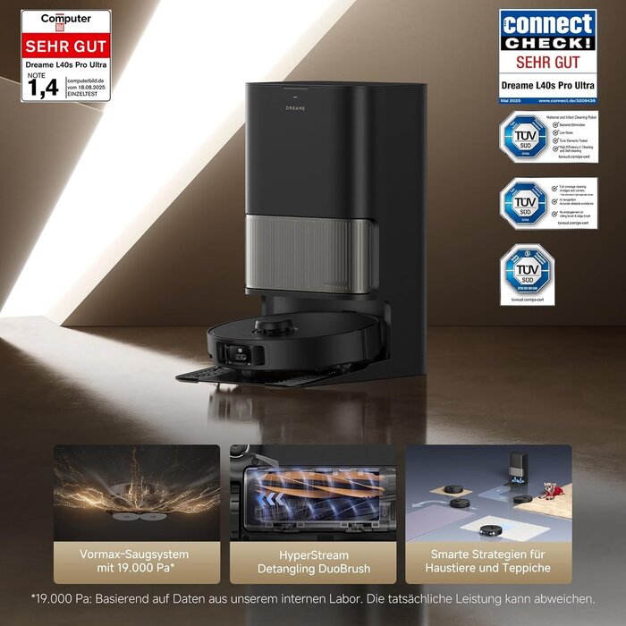 Dreame Saug- und Wischroboter L40s Pro Ultra, 19.000 Pa, Schwarz - 35% Rabatt