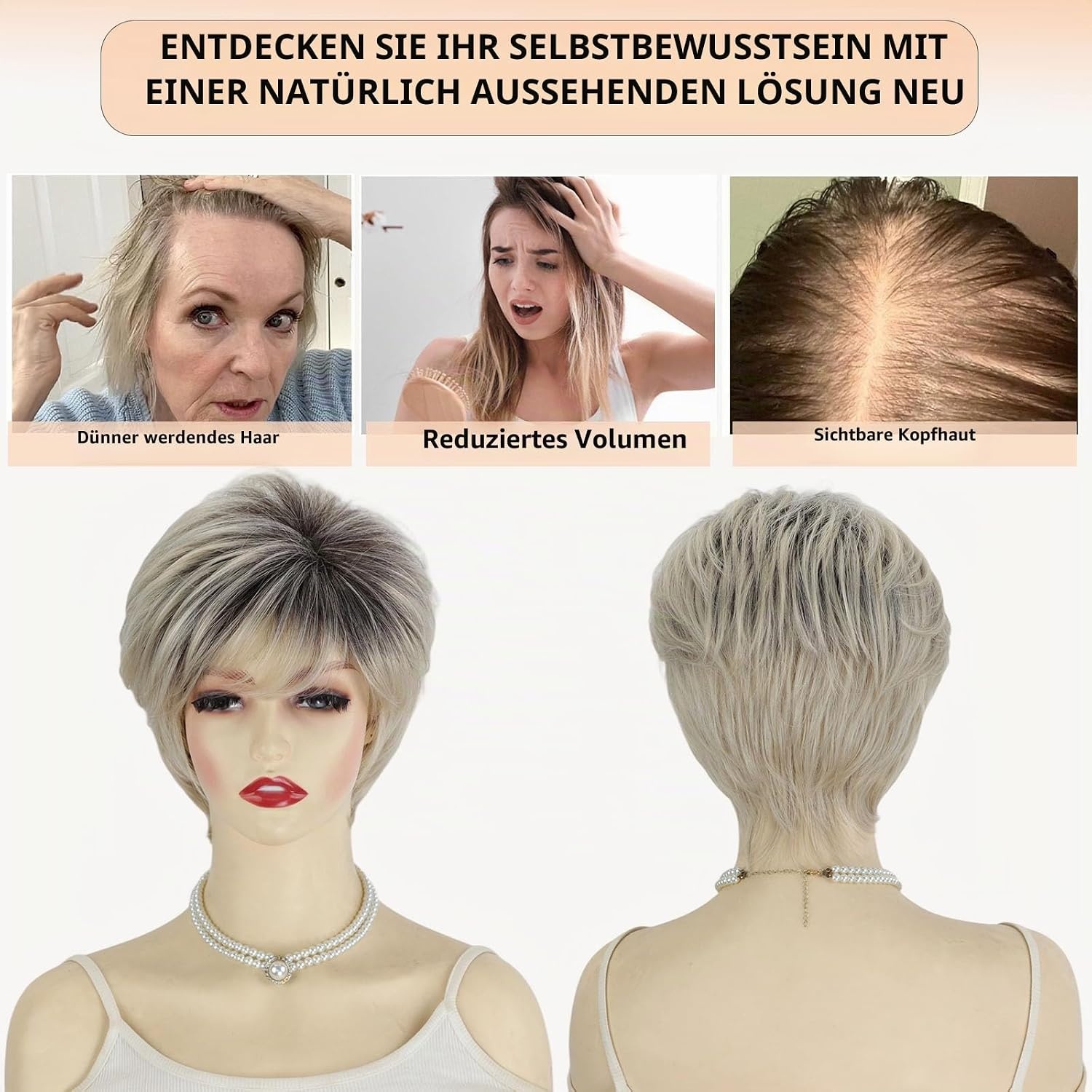 Kurze Pixie-Perücke Ombré Platinblond mit Pony - 23% Rabatt