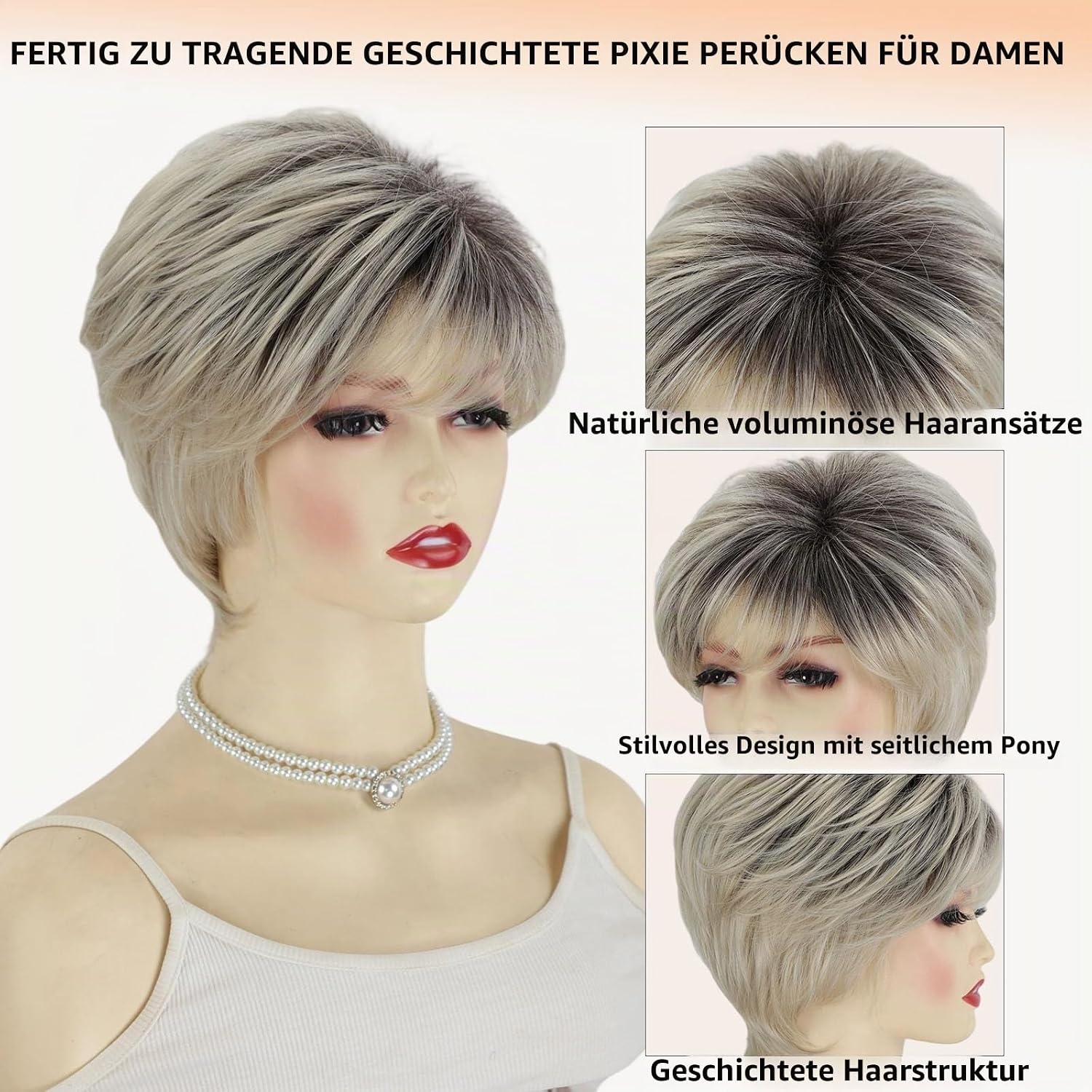 Kurze Pixie-Perücke Ombré Platinblond mit Pony - 23% Rabatt