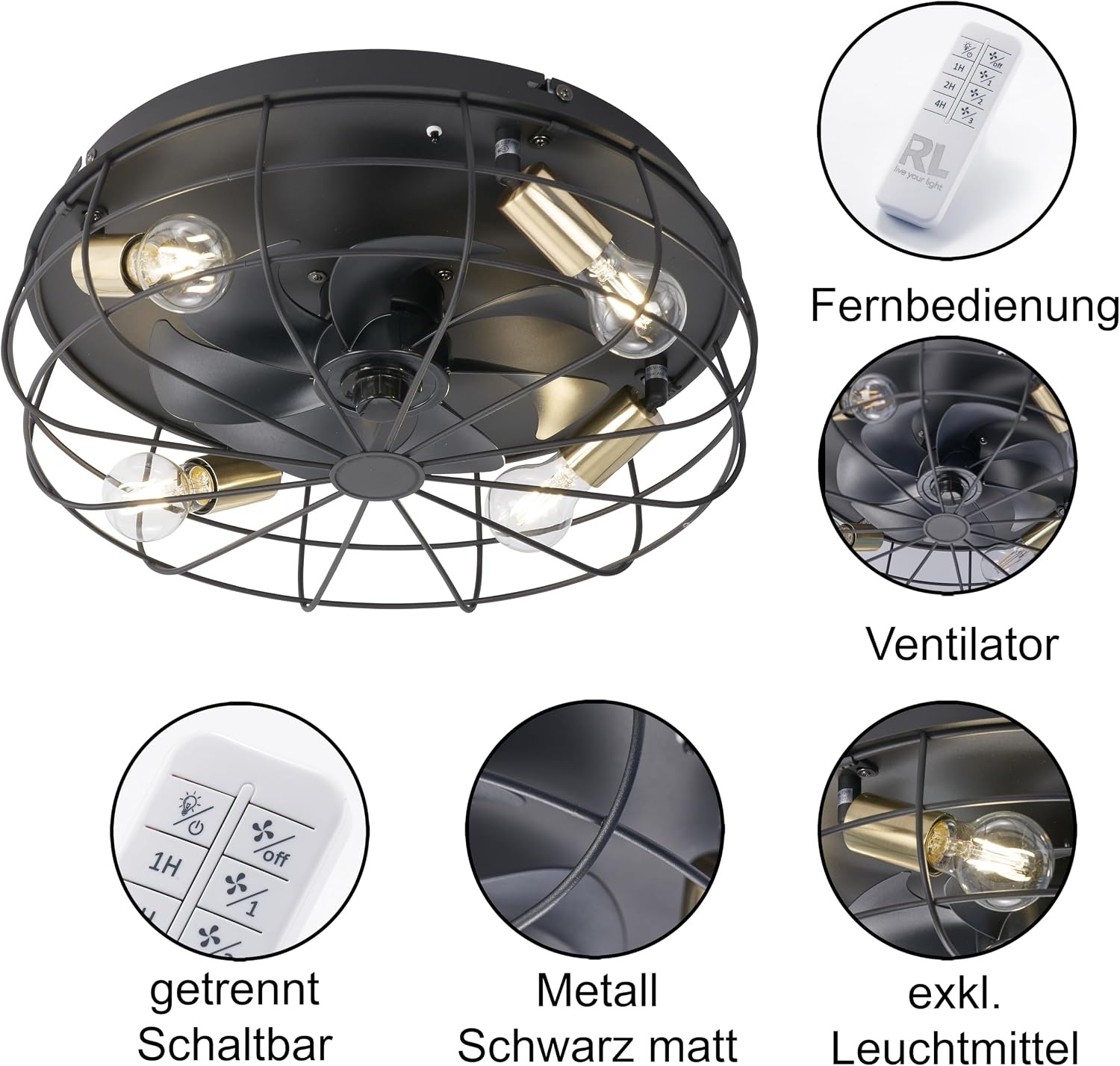 Deckenventilator mit Beleuchtung 48cm, Mattschwarz - 24% Rabatt