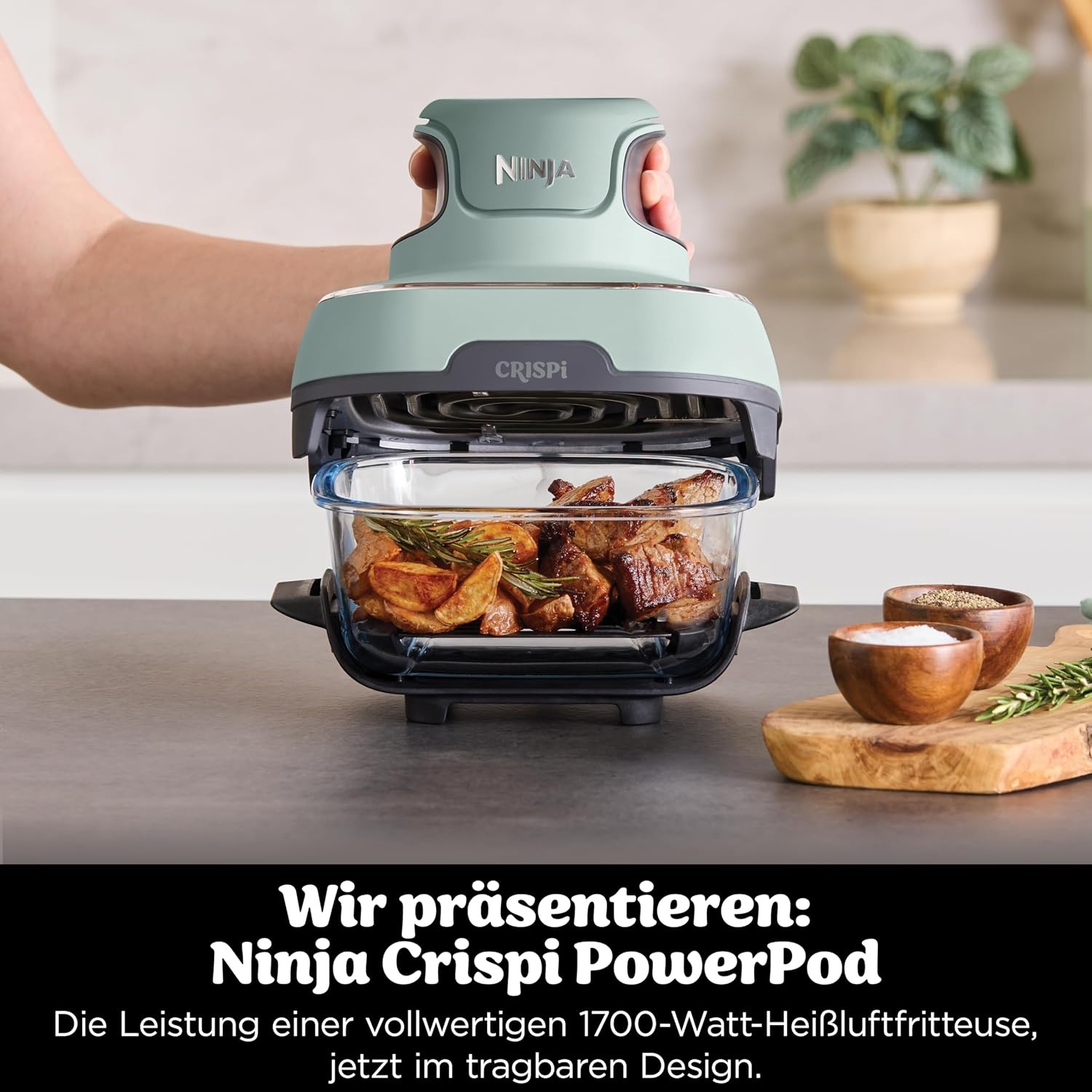 Tragbare Heißluftfritteuse 3,8 L, Salbeigrün, 1700 Watt - 25% Rabatt