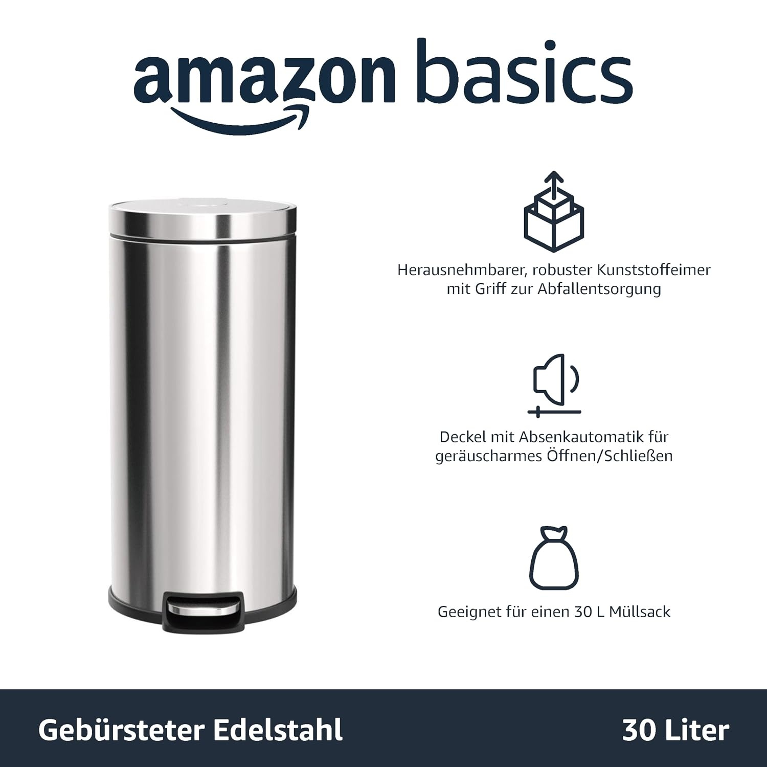 Amazon Basics Tretmülleimer 30L Edelstahl Soft-Close - 24% Rabatt
