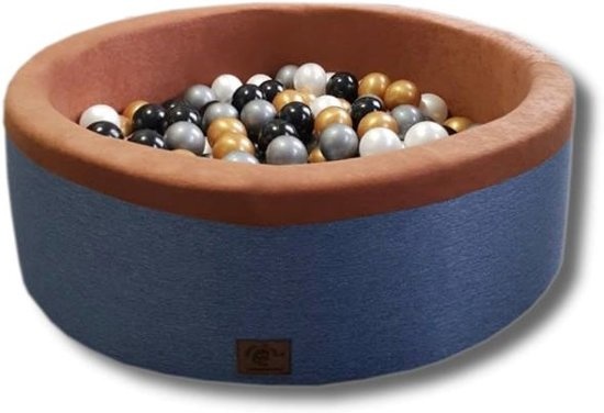 Blauwe ballenbad - stevige ballenbak - 90 x 30 cm - 200 ballen Ø 7 cm - wit, goud, zilver, zwart
