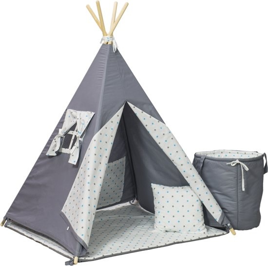 Wigwam tipi tent - 5 delig - 100% katoen - grijs en turquoise sterren