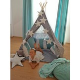 Wigwam tipi tent - 5 delig - 100% katoen - grijs en turquoise sterren