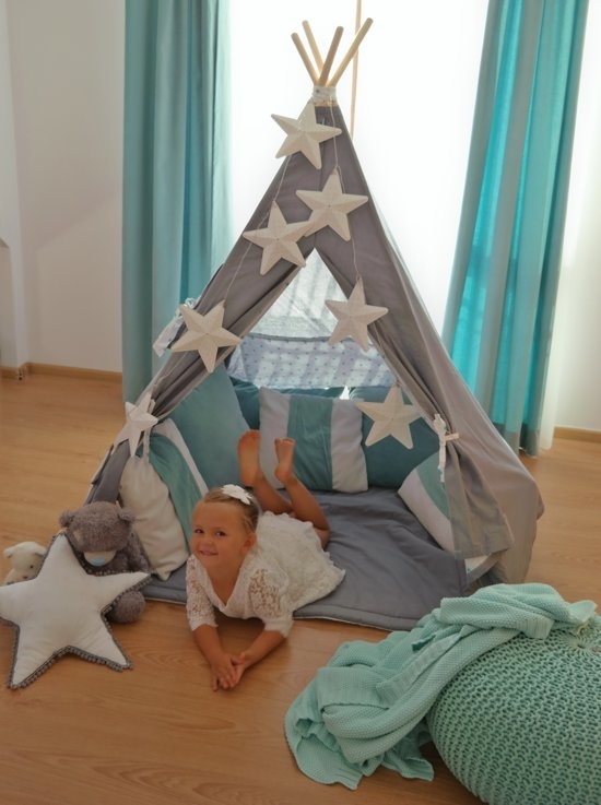 Wigwam tipi tent - 5 delig - 100% katoen - grijs en turquoise sterren