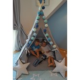 Wigwam tipi tent - 5 delig - 100% katoen - grijs en turquoise sterren