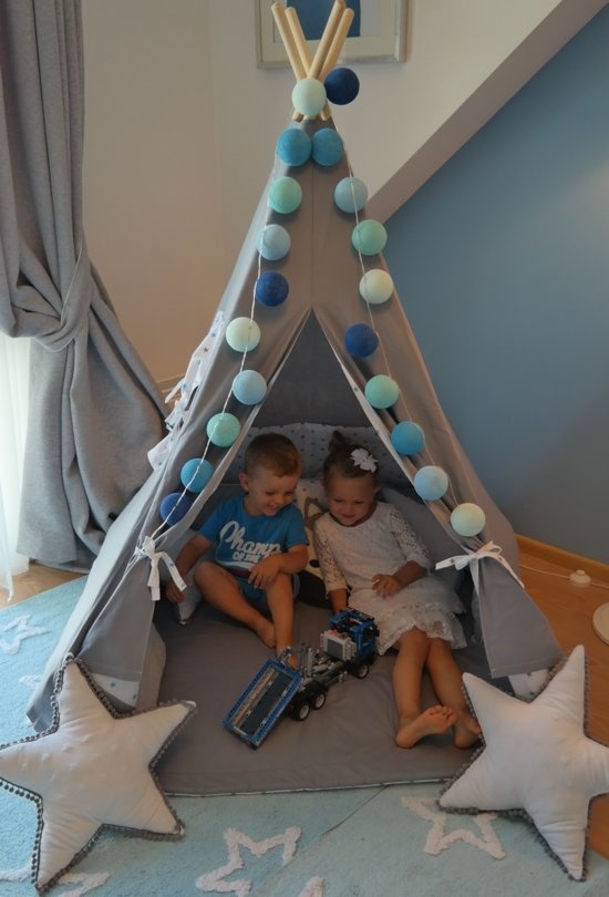 Wigwam tipi tent - 5 delig - 100% katoen - grijs en turquoise sterren