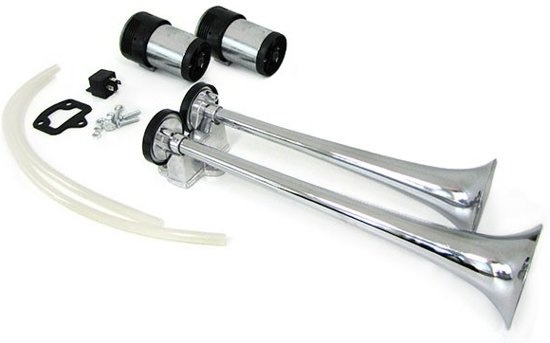 Toeter hoorn 12 volt - met 2 metalen hoorns chroom met compressoren