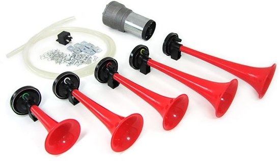 Fanfare hoorn pneumatisch 12 volt rood met compressor - La Cucaracha melodie