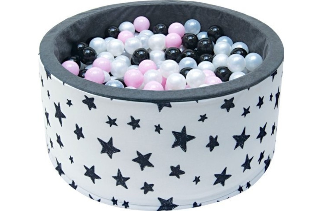 Ballenbak - stevige ballenbad - sterrenpatroon -90 x 40 cm - 400 ballen Ø 7 cm - roze, wit, zwart en zilver