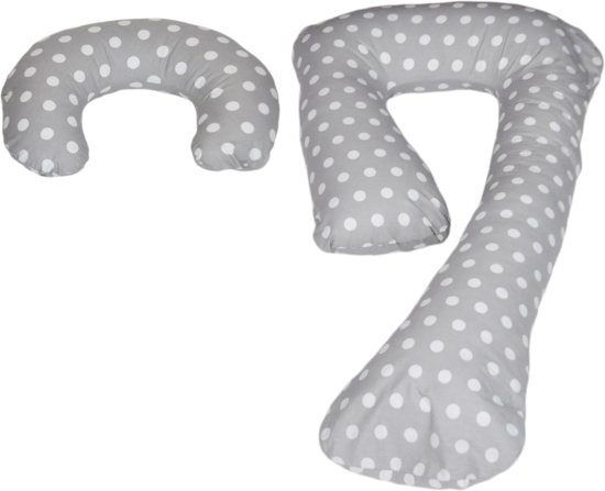 Voedingskussen - Zwangerschapskussen - set - 100% katoen - 235 cm - grijs met witte stipjespatroon