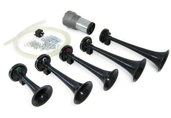 Fanfare hoorn pneumatisch 12 volt zwart met compressor - La Cucaracha melodie