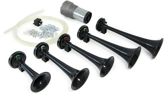 Fanfare hoorn pneumatisch 12 volt zwart met compressor - La Cucaracha melodie