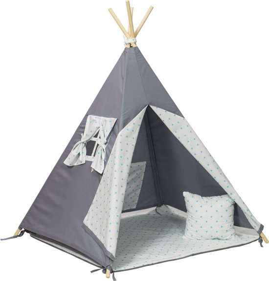 Wigwam tipi teepee tent - speeltent - 4 delig - 100% katoen - turquoise sterren
