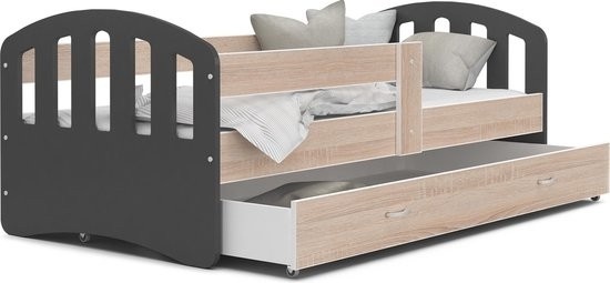 Kinderbed - Houten bed - 180x80 cm - met lattenbodem - met uitschuiflade - grijs hout - met matras