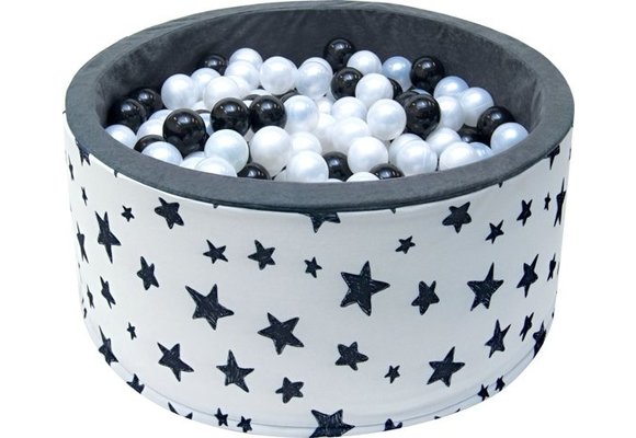 Ballenbak - stevige ballenbad - sterrenpatroon -90 x 40 cm - 200 ballen Ø 7 cm - parel kleur en zwart