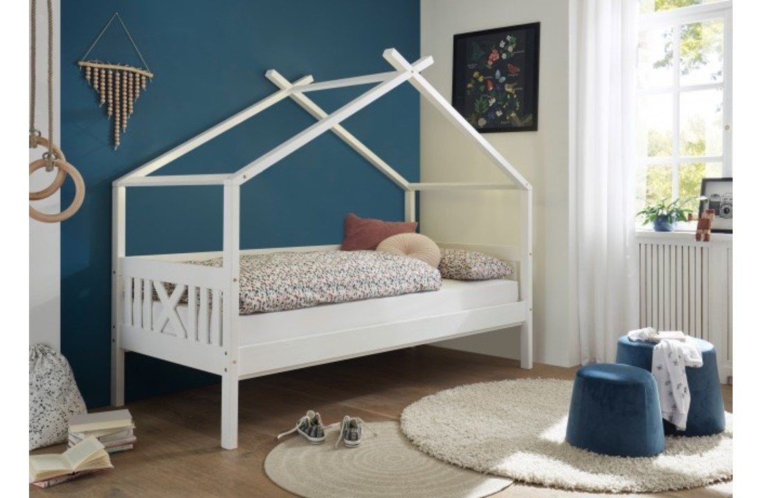 Huisbed kinderbed 90x200 cm grenenhout wit met lattenbodem