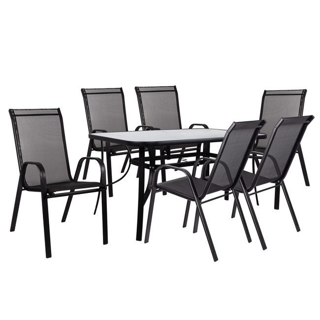 Tuintafel set met 6 stoelen zwart metalen frame glazen tafelblad