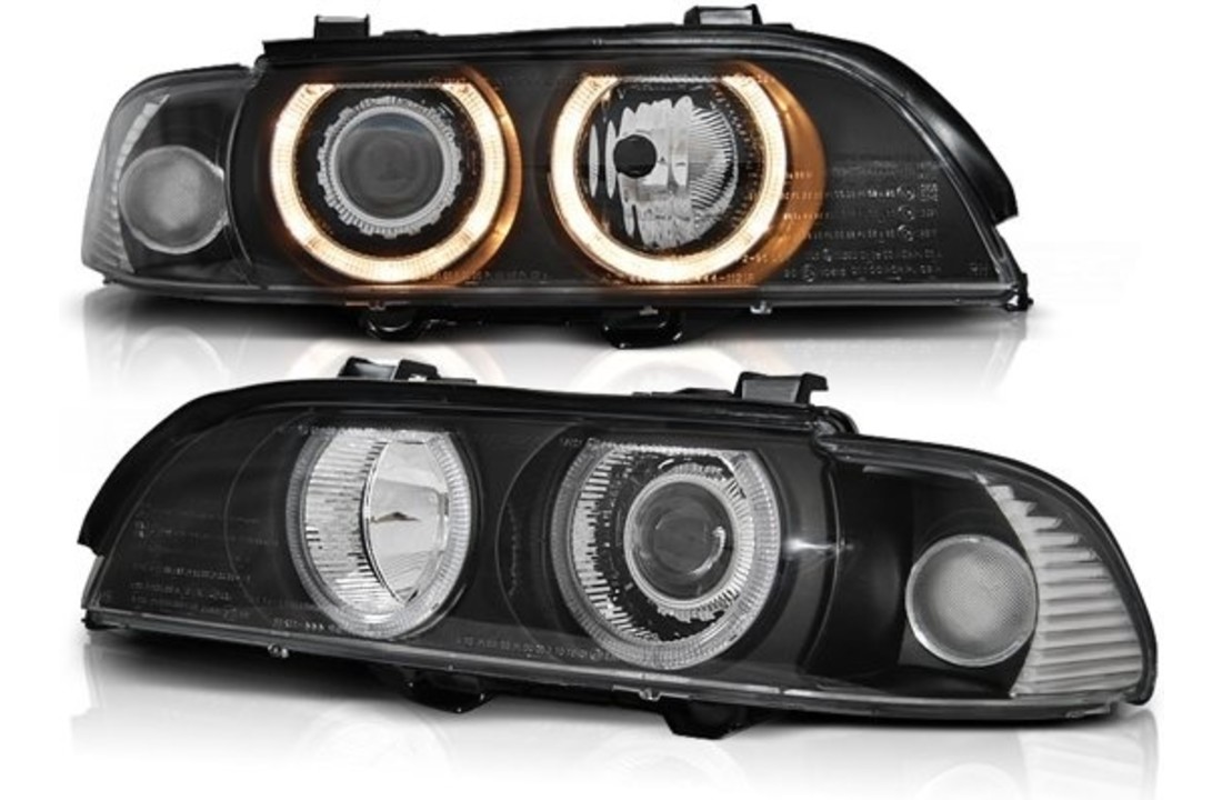 Koplampen dual halo rims geschikt voor BMW E39 09 95-06 03 ANGEL EYES H7/H7 ZWART