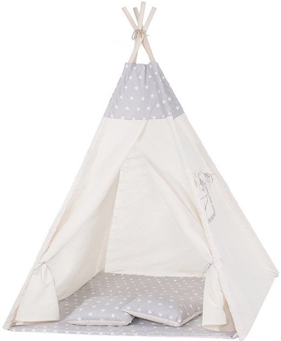 Tipitent kind Wigwam - beige met grijs - 100% katoen - 160x120x100 cm - inclusief 2 kussenhoezen