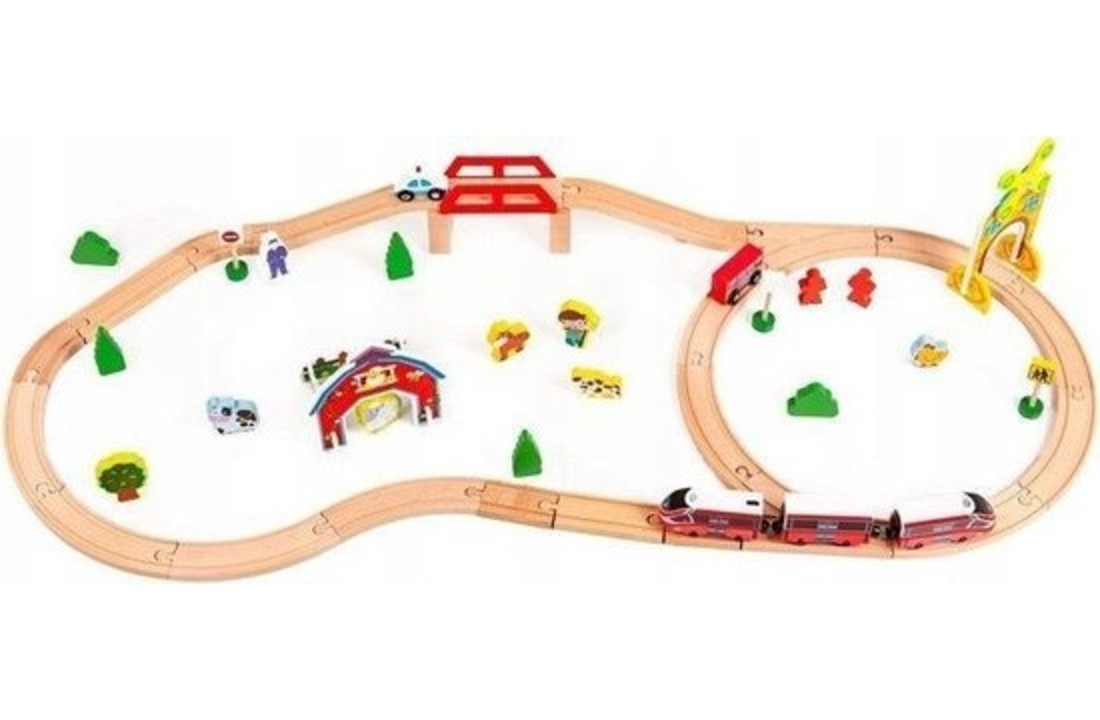 Houten treinbaan met elektrische locomotief - treinset 53 onderdelen