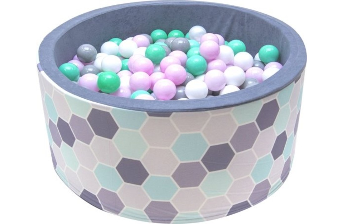 Ballenbak - stevige ballenbad - 90 x 40 cm - 200 ballen Ø 7 cm - roze, groen, turqoise, wit en grijs